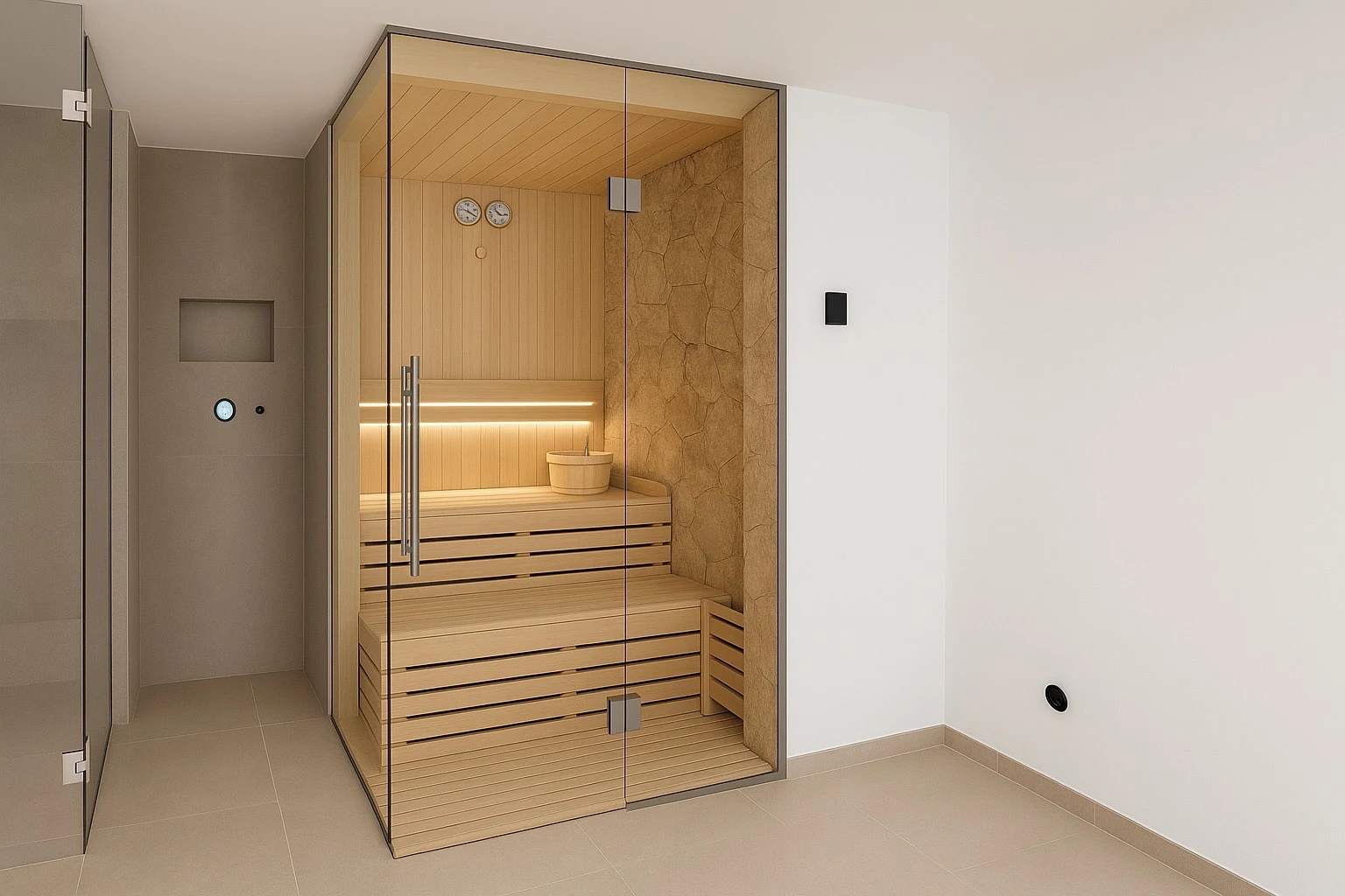 Sauna de interior con dos caras de cristal y pared de piedra al fondo, instalada en una sala de baño de gres claro.