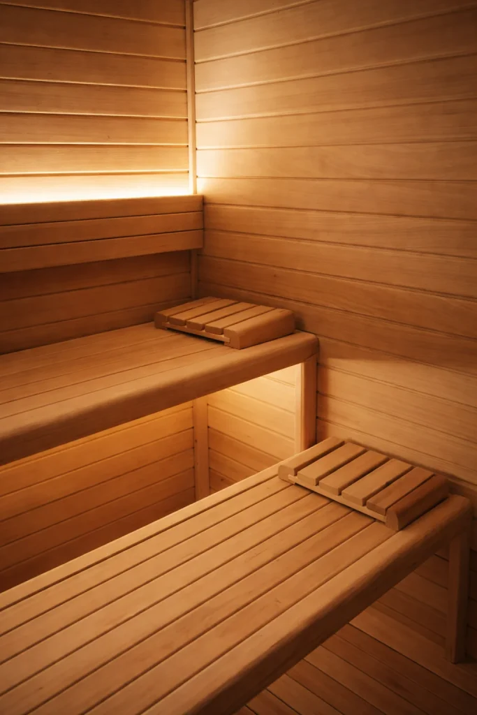 Detalle de los bancos de una sauna con dos reposacabezas de listones y la luz cálida oculta bajo la rejilla superior.