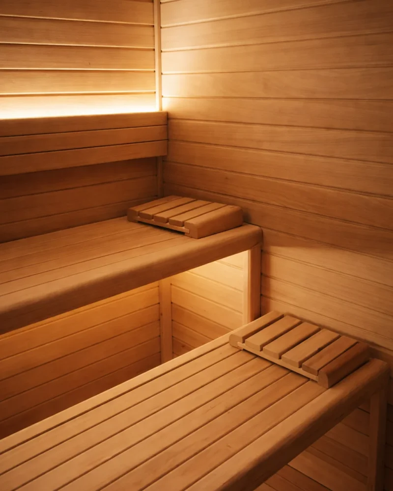 Detalle de los bancos de una sauna con dos reposacabezas de listones y la luz cálida oculta bajo la rejilla superior.